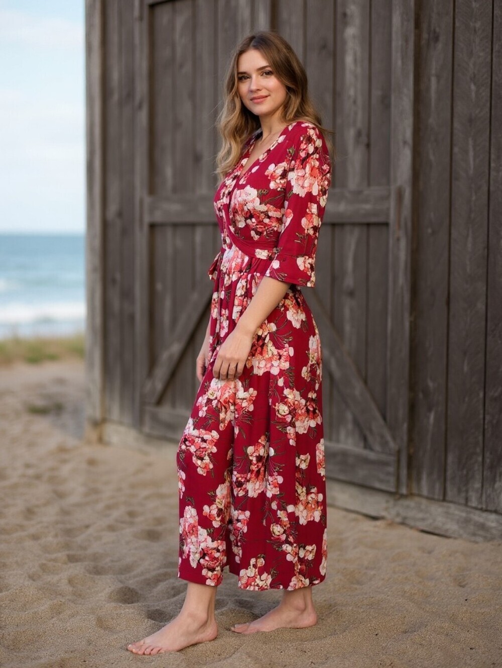 Floral Wrap Maxi Dress in Burgundy - Women's Elegant Spring Dress